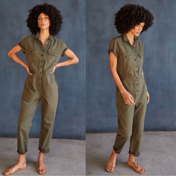 Outerknown SEA Utility Jumpsuit Olive Green Organic Cotton Linen